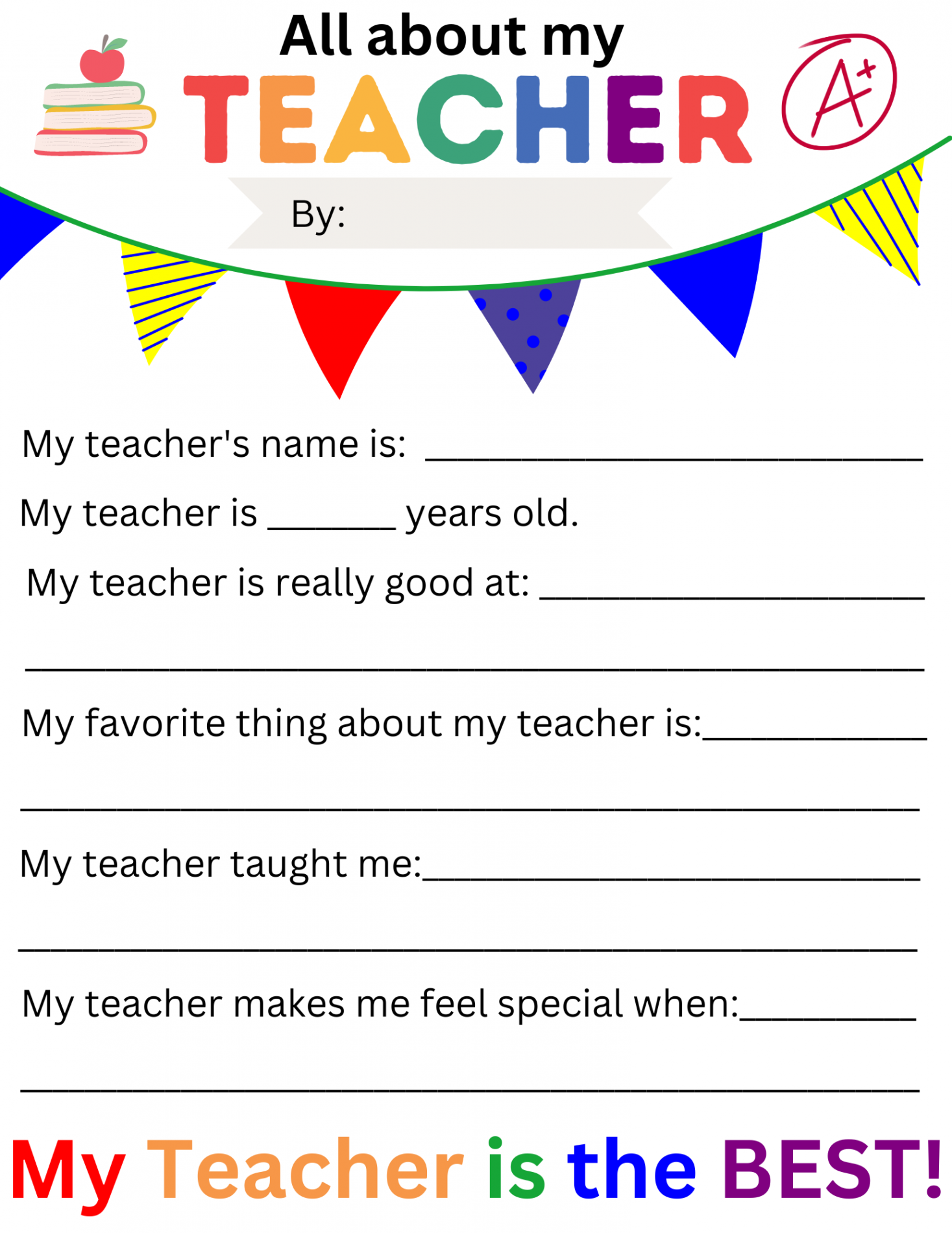 Digital All About My Teacher Printable - Teacher Appreciation Gift