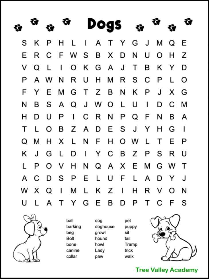 Dog Themed Word Search for Kids - Tree Valley Academy