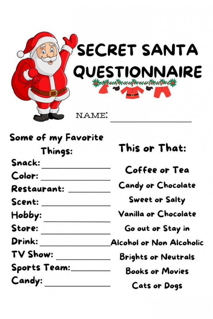 EDITABLE Secret Santa Questionnaire Printable L Secret Santa