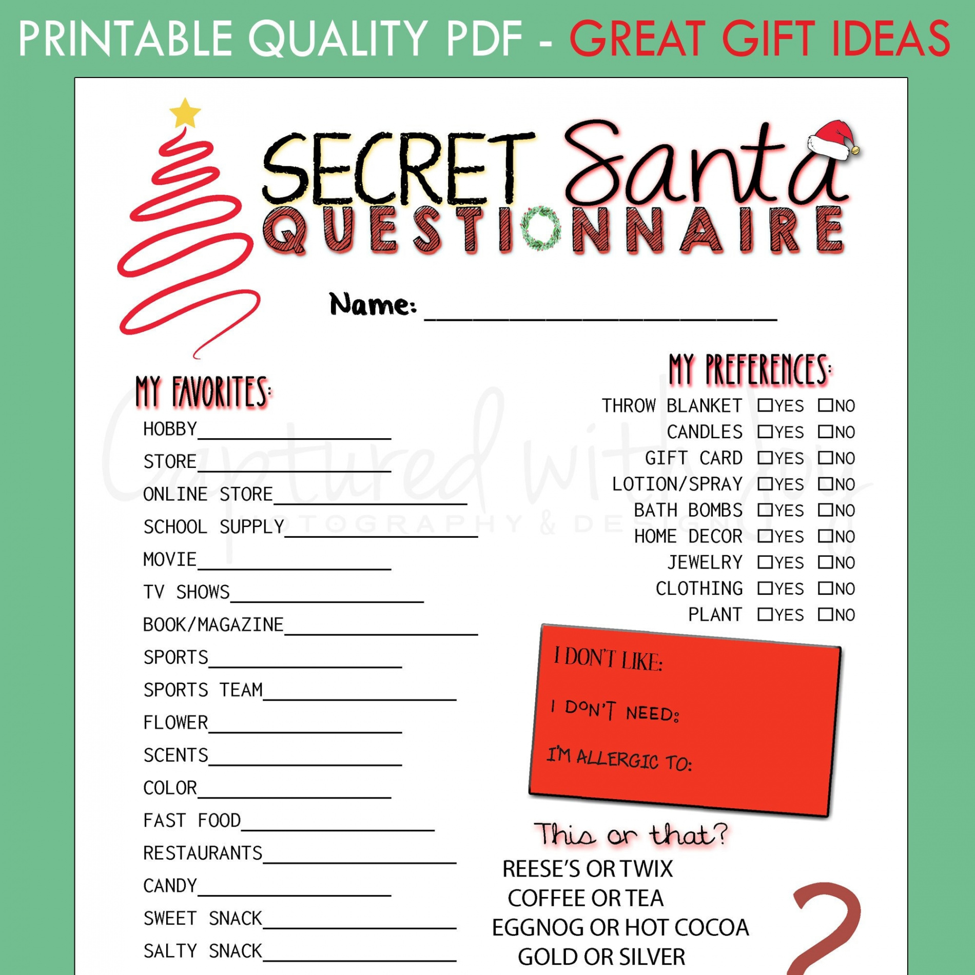 FILLABLE Printable PDF Secret Santa Questionnaire for Gift - Etsy