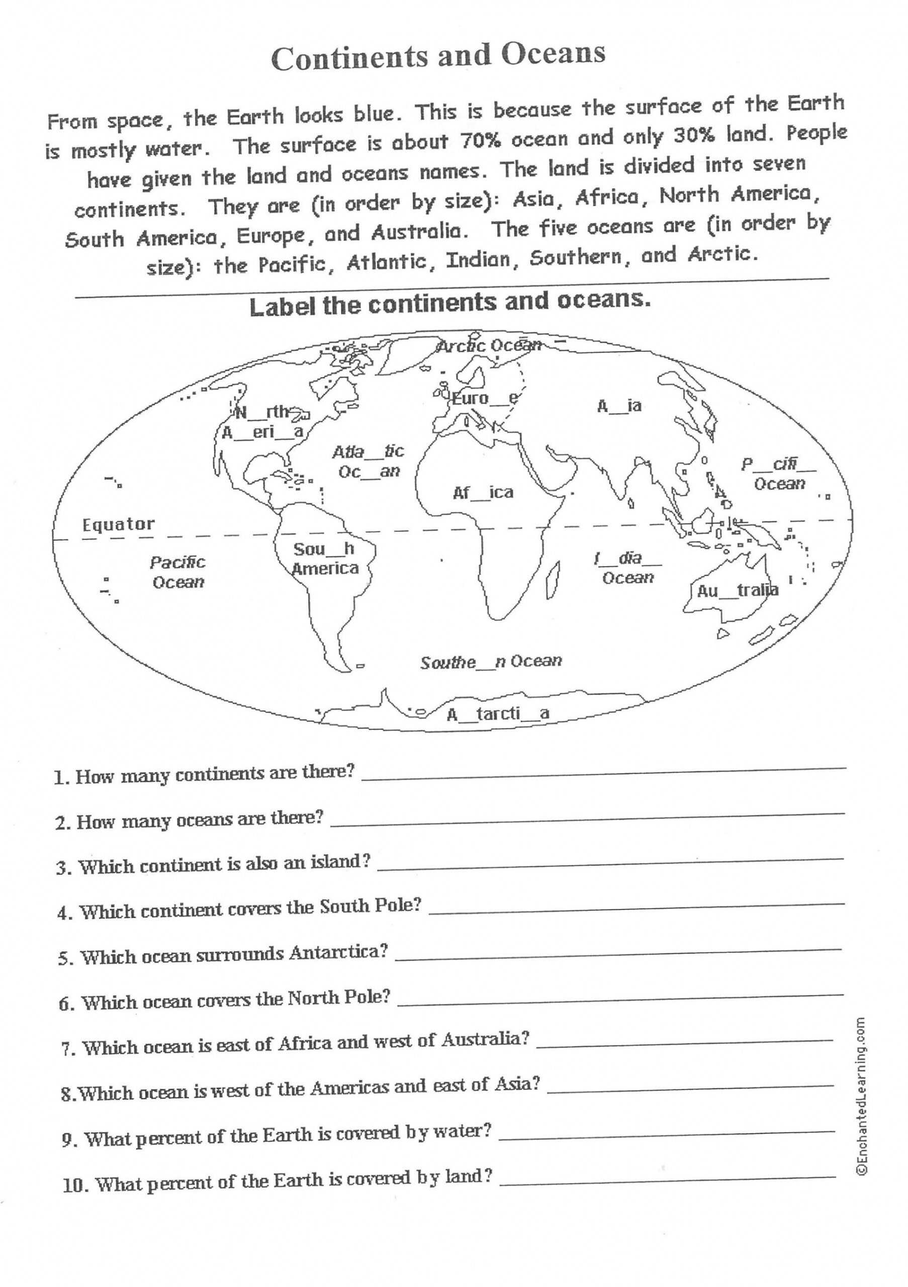 free printable worksheets on continents and oceans - Google Search