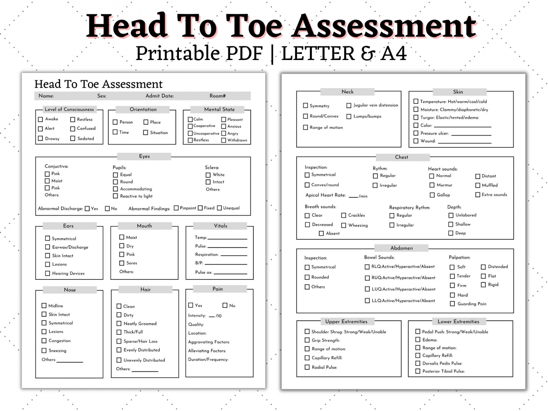 Head to Toe Assessment Nursing Template Nursing Guide - Etsy Canada