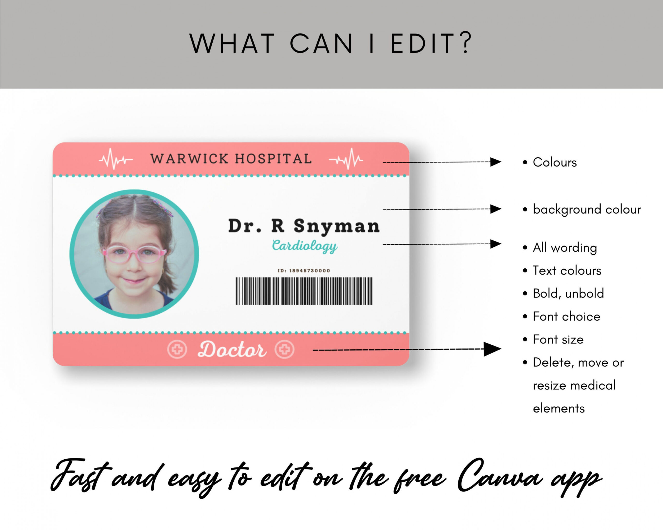 Kids Doctor ID Badge Printable Editable Hospital Staff ID Pretend