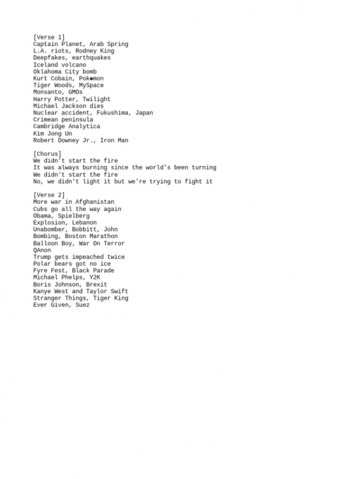 Lyrics Fall Out Boy - We Didnt Start The Fire  PDF