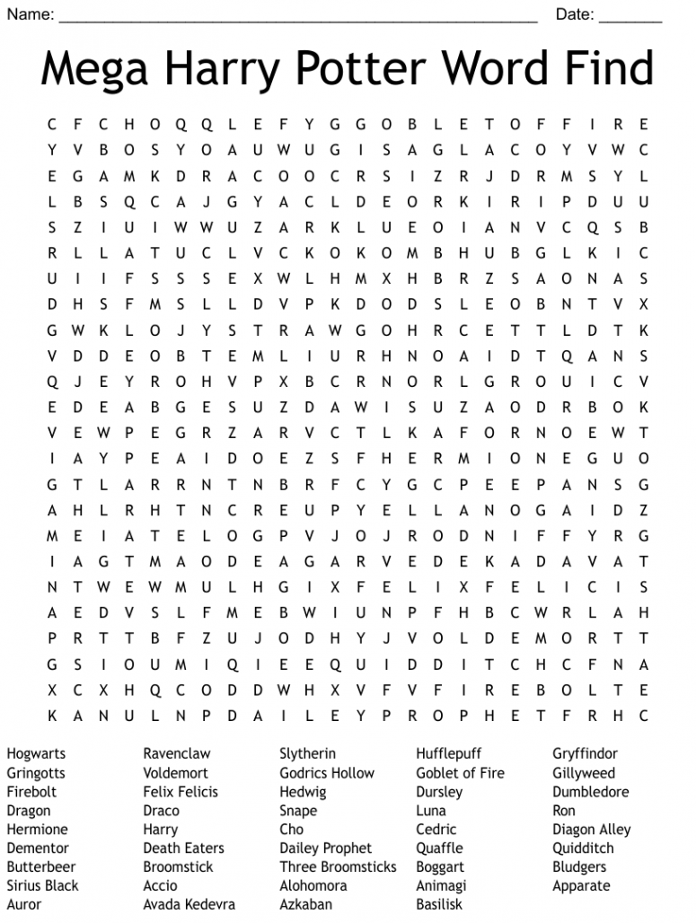 Mega Harry Potter Word Find Word Search - WordMint