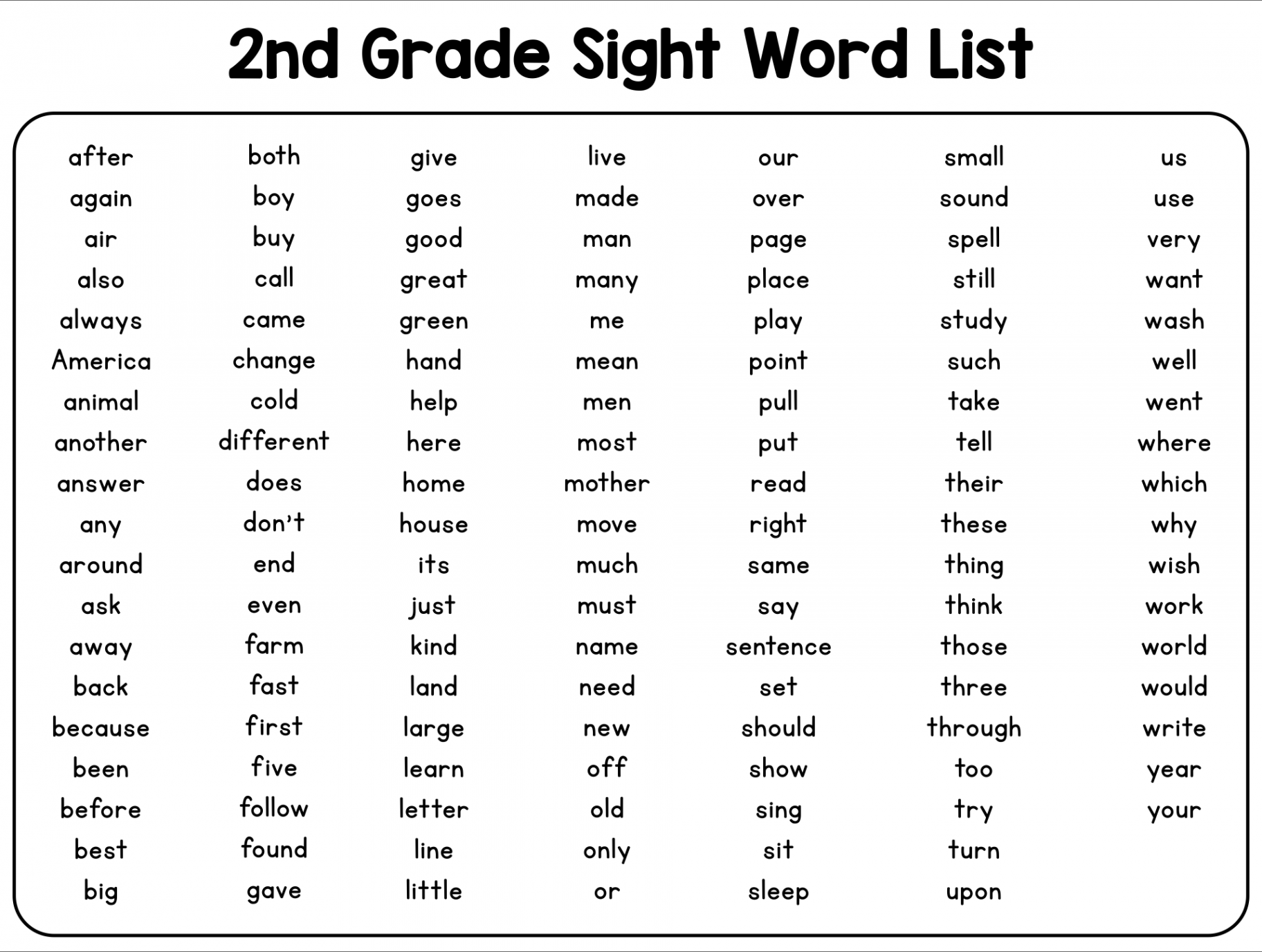 nd Grade Sight Word List Printable  nd grade spelling words