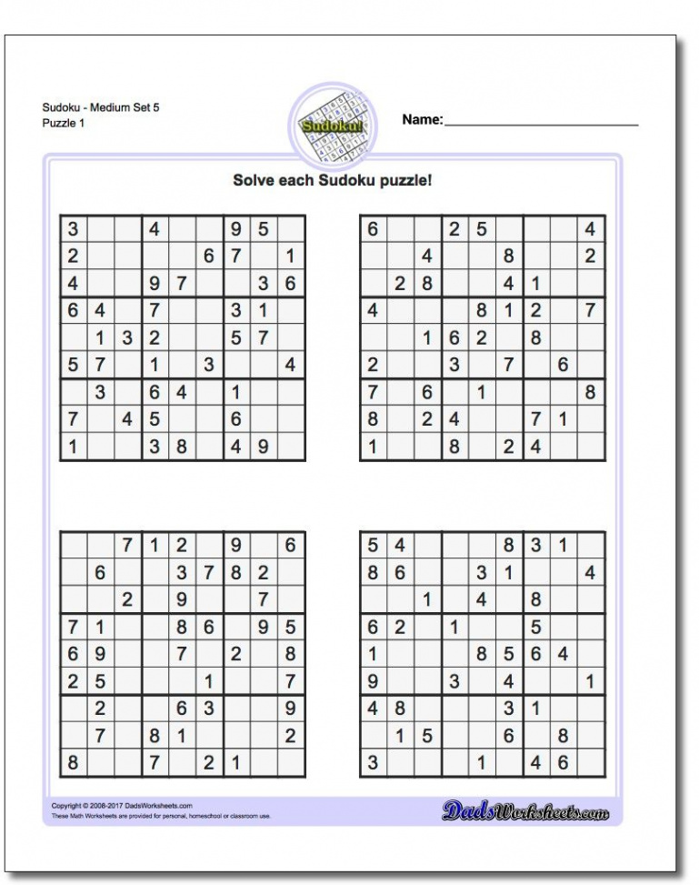 Printable Medium Sudoku https://www.dadsworksheets