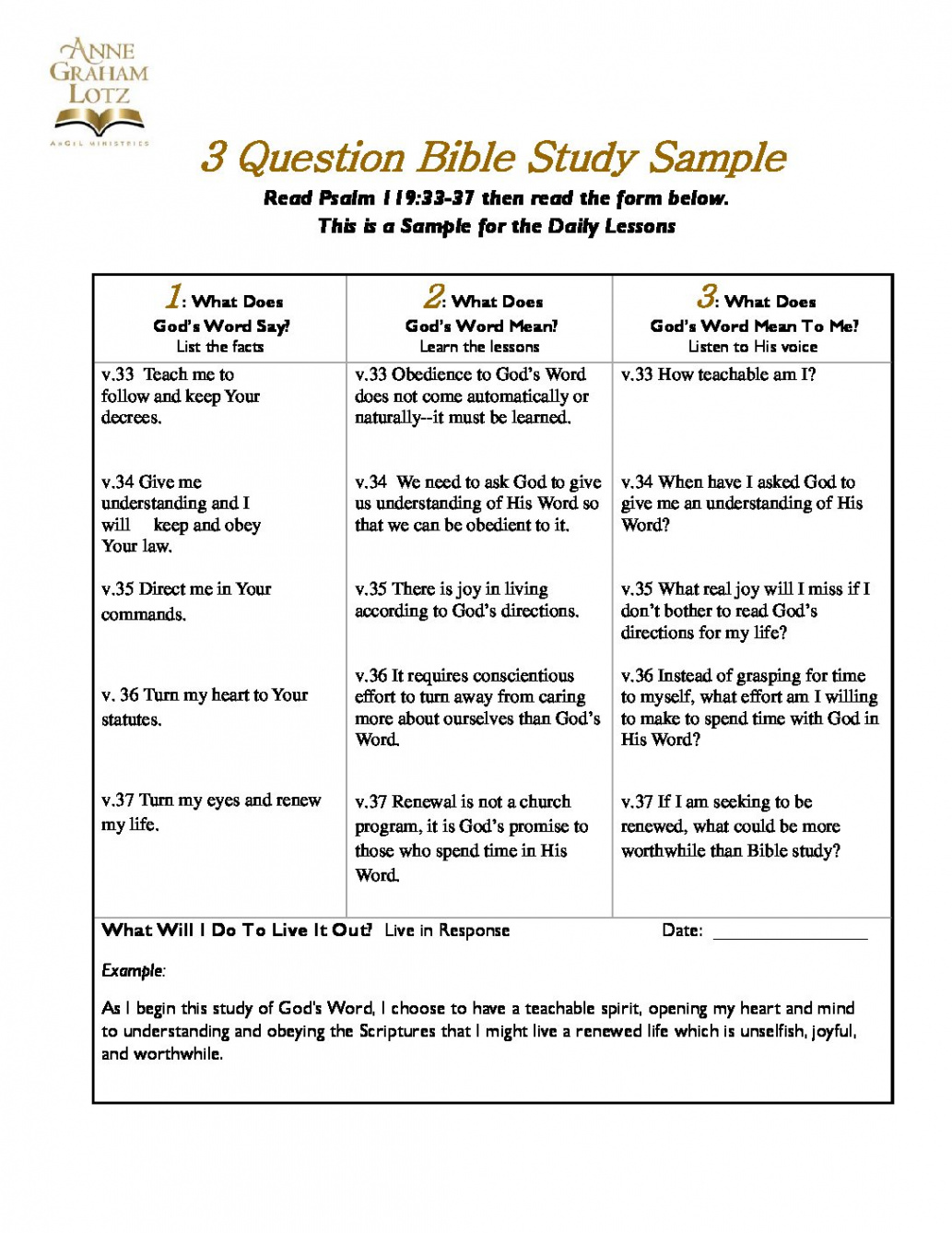 -Question Bible Study Worksheet Sample  Anne Graham Lotz - Angel