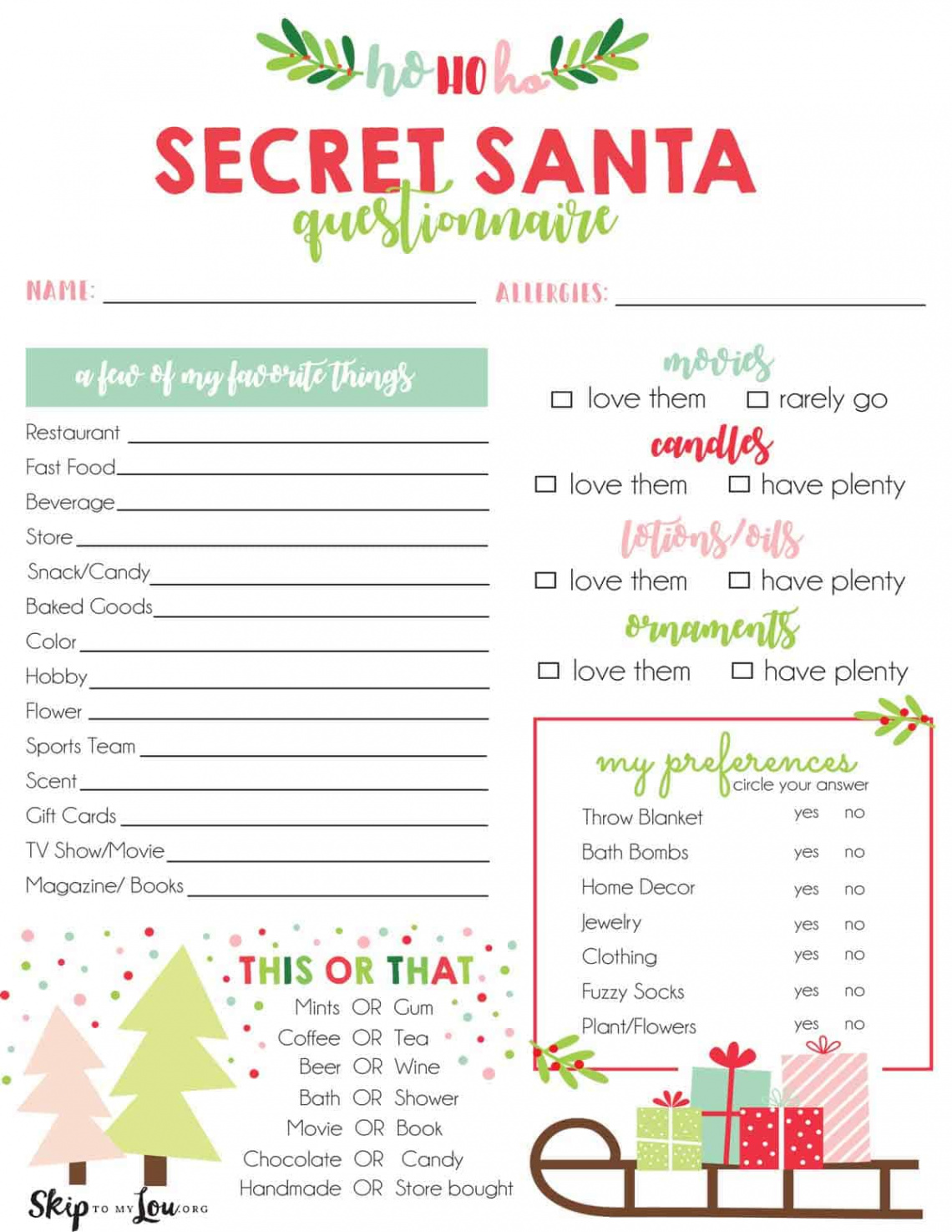 Secret Santa Questionnaire  Skip To My Lou