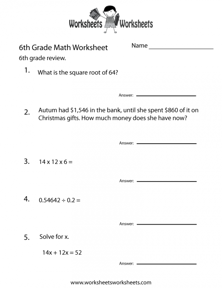 Sixth Grade Math Practice Worksheet  th grade worksheets, Sixth