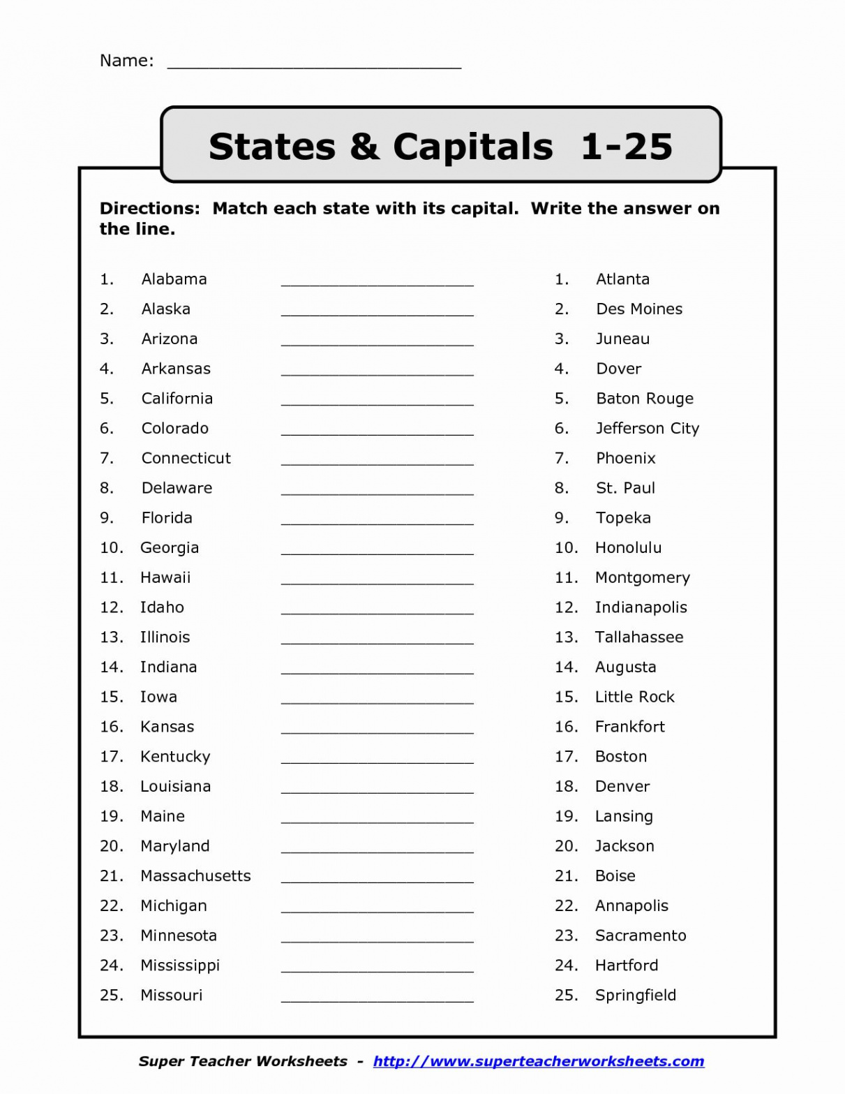 States and Capitals Matching Worksheet New Name States Capitals