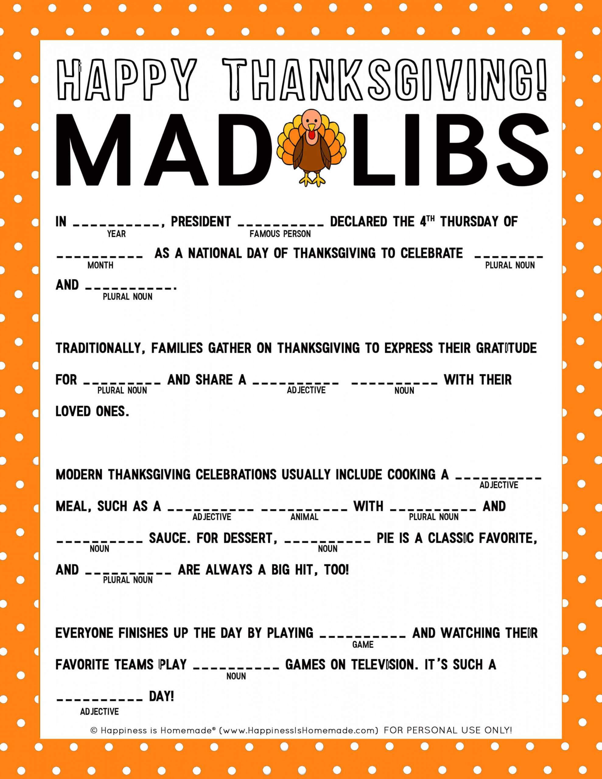 Thanksgiving Mad Libs Printable Game - Happiness is Homemade