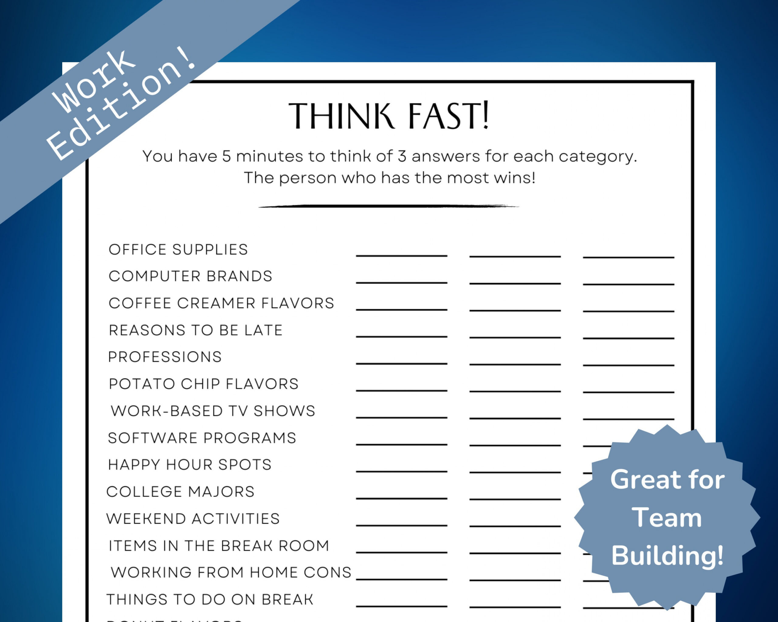 Think Fast Office Party Game, Team Building Game for Employees