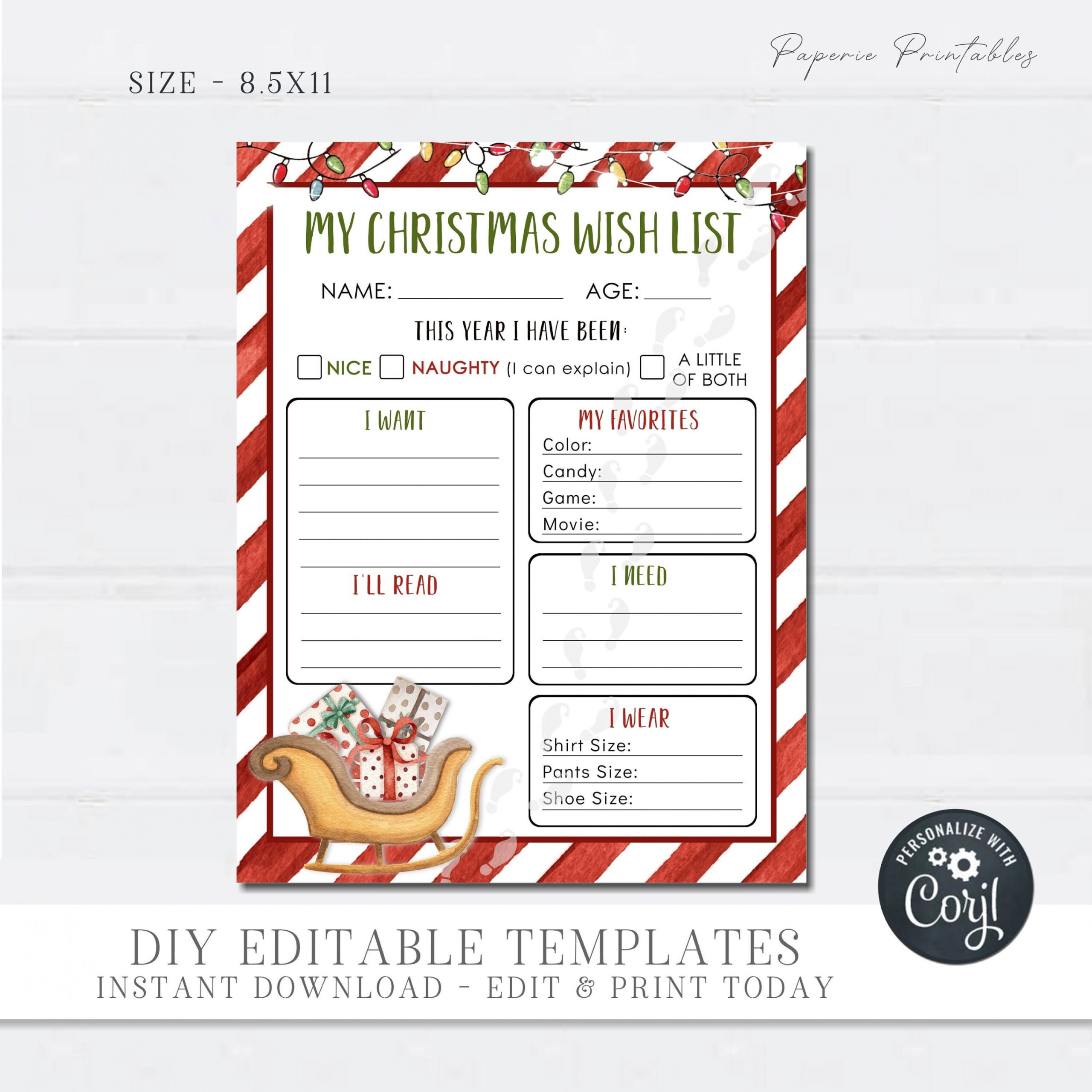 EDITABLE Christmas Wish List for kids Christmas Wish List Template