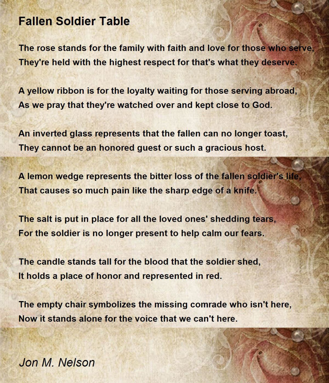 Fallen Soldier Table - Fallen Soldier Table Poem by Jon M