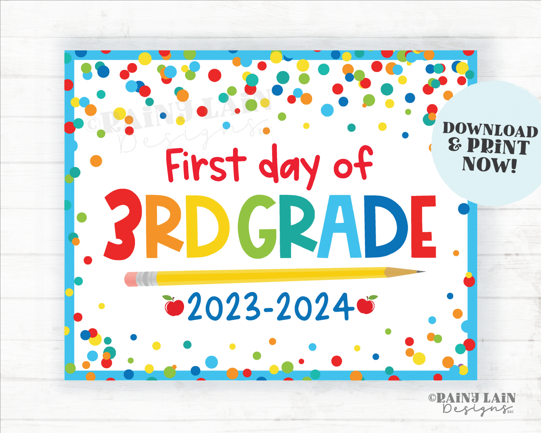 First day of rd Grade Sign Back to School Printable st day of Third  School Picture Photo Prop Instant Download Blue Confetti 202-