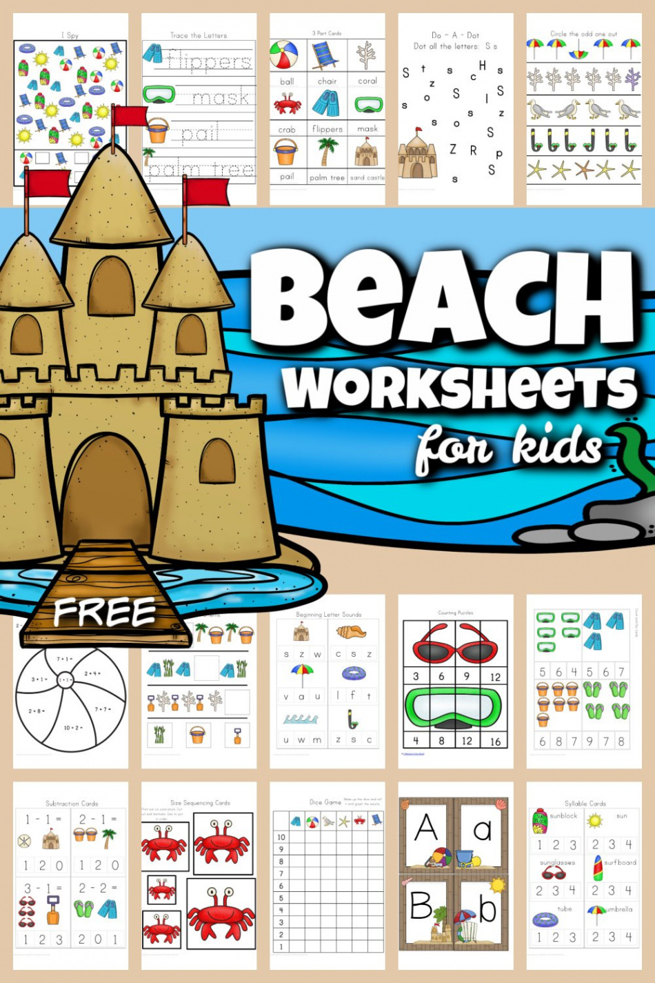 🌞 FREE Printable Beach Worksheets for Preschool / K / st