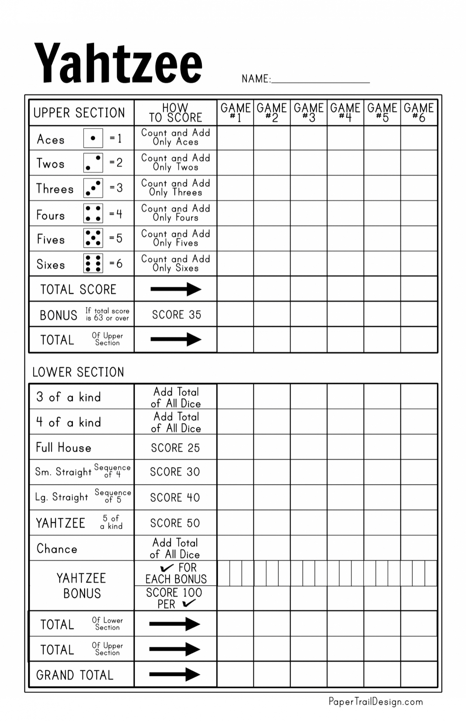 Free Printable Yahtzee Score Card - Paper Trail Design