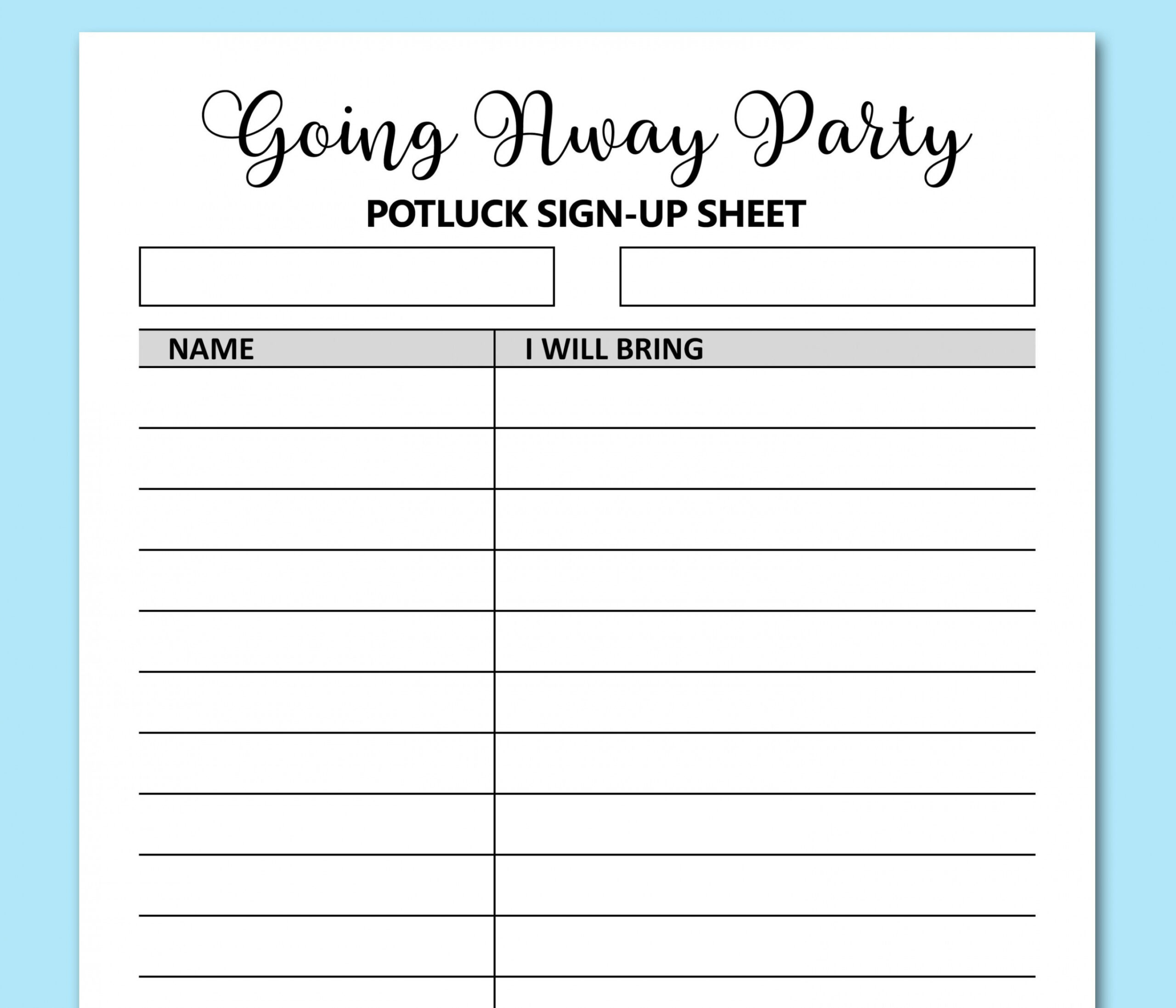 Going Away Party Potluck Sign up Sheet Printable, Signup Form