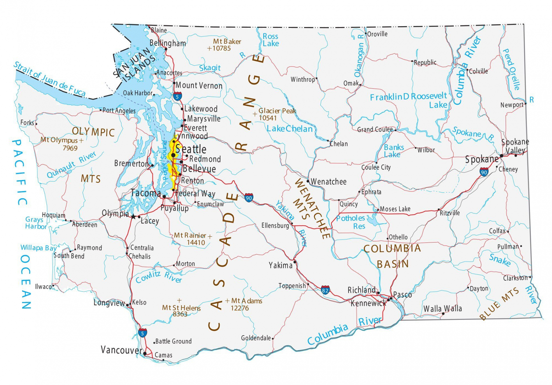 Map of Washington - Cities and Roads - GIS Geography