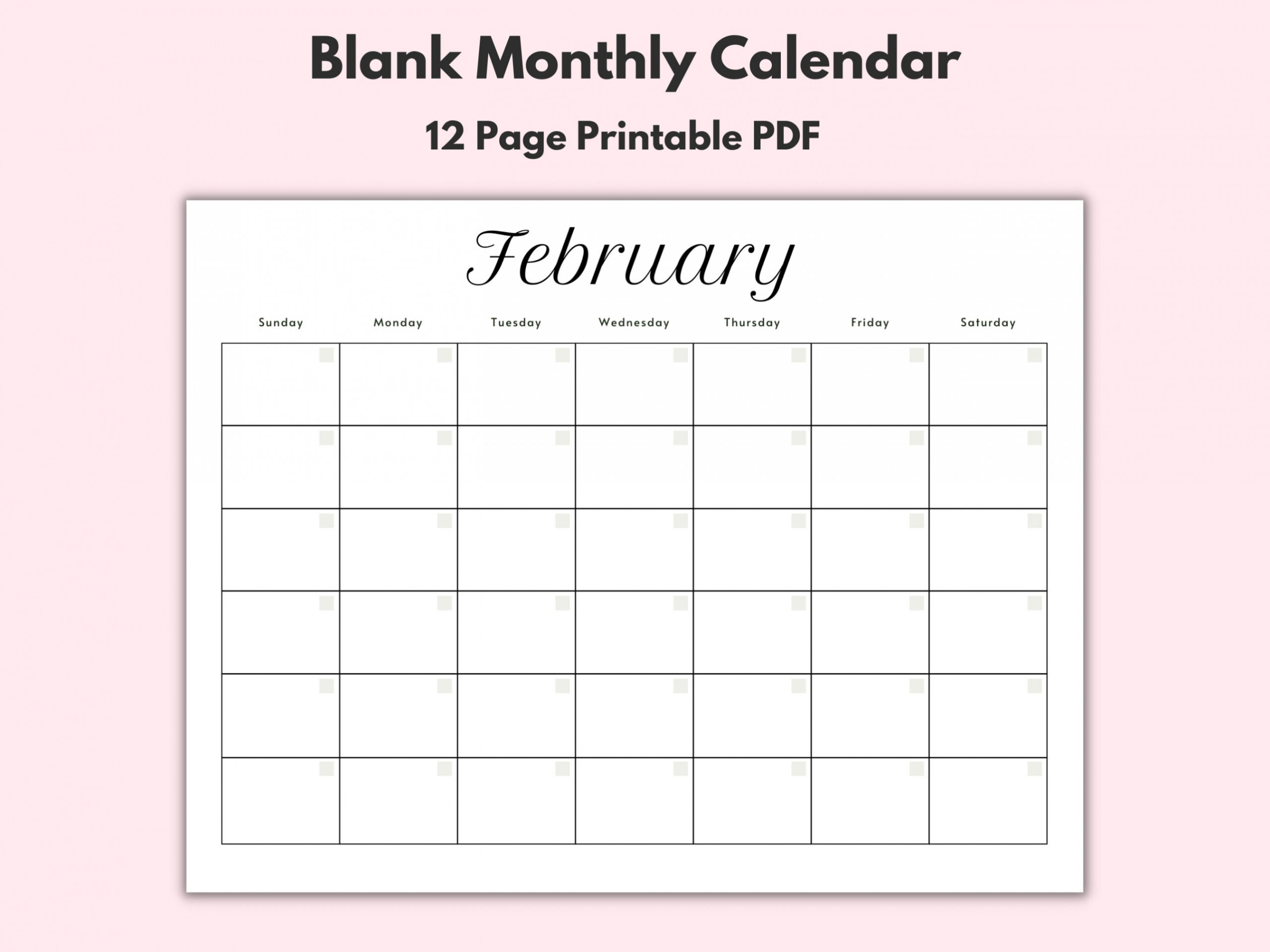 Monthly Blank Calendar, Printable Calendar Template, Horizontal