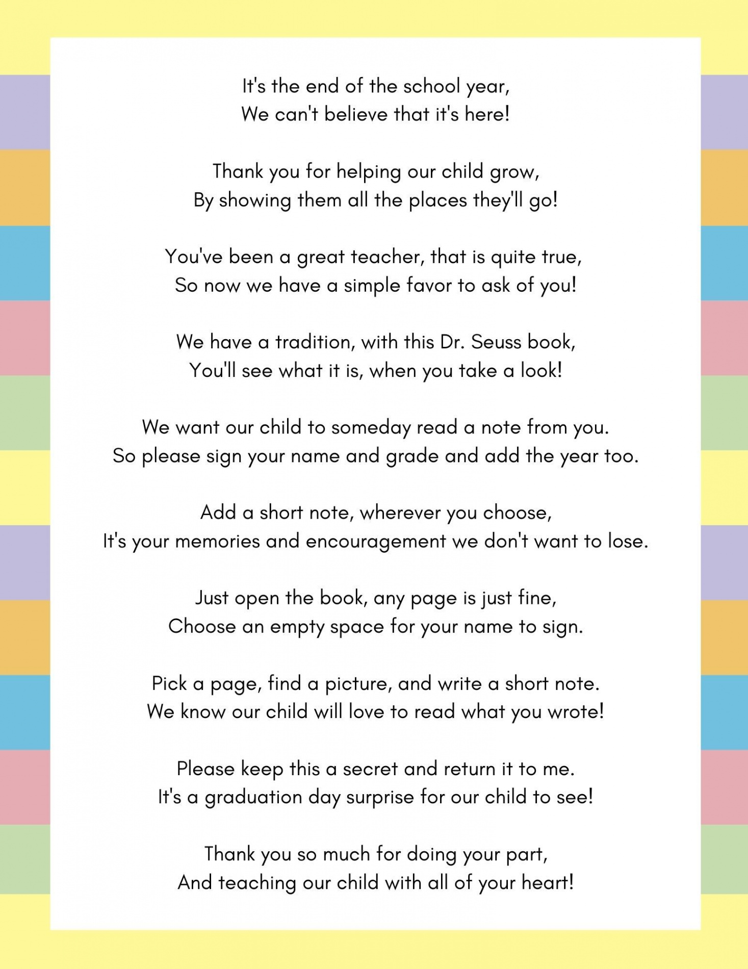 Printable Teacher Letter for Oh the Places You