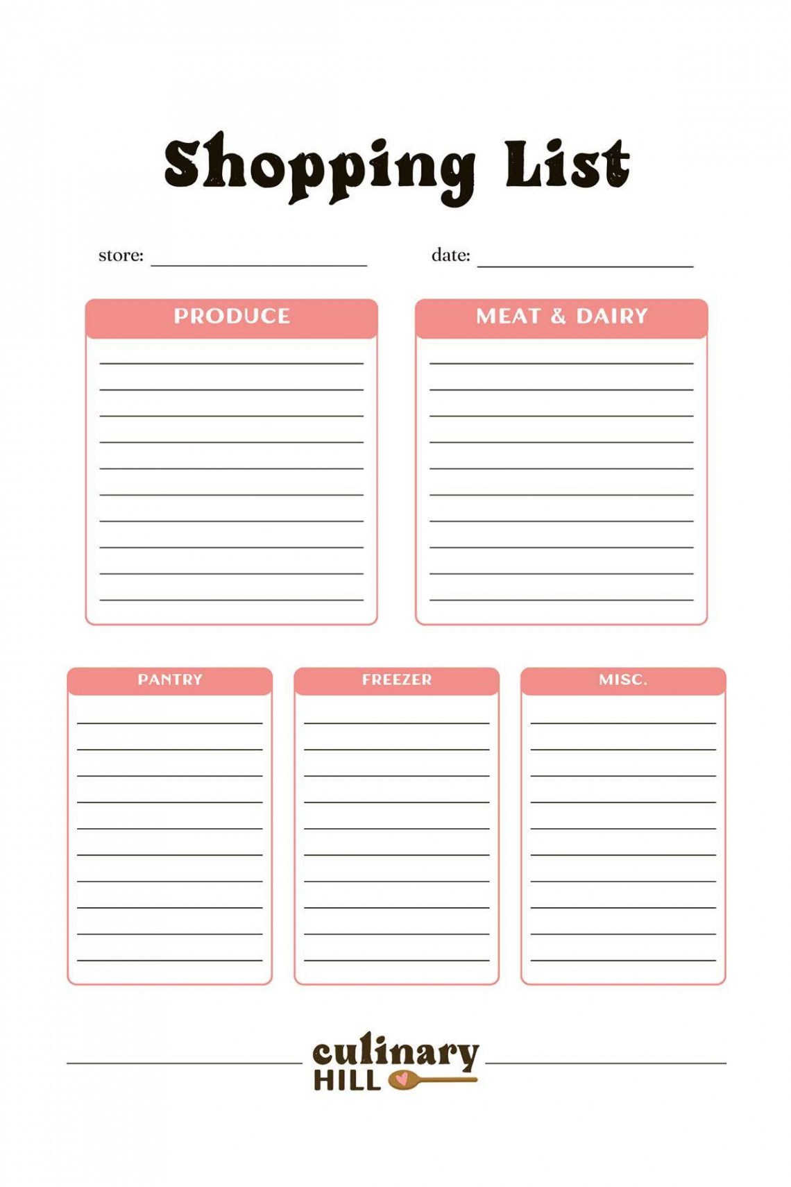 Shopping List Template - Culinary Hill