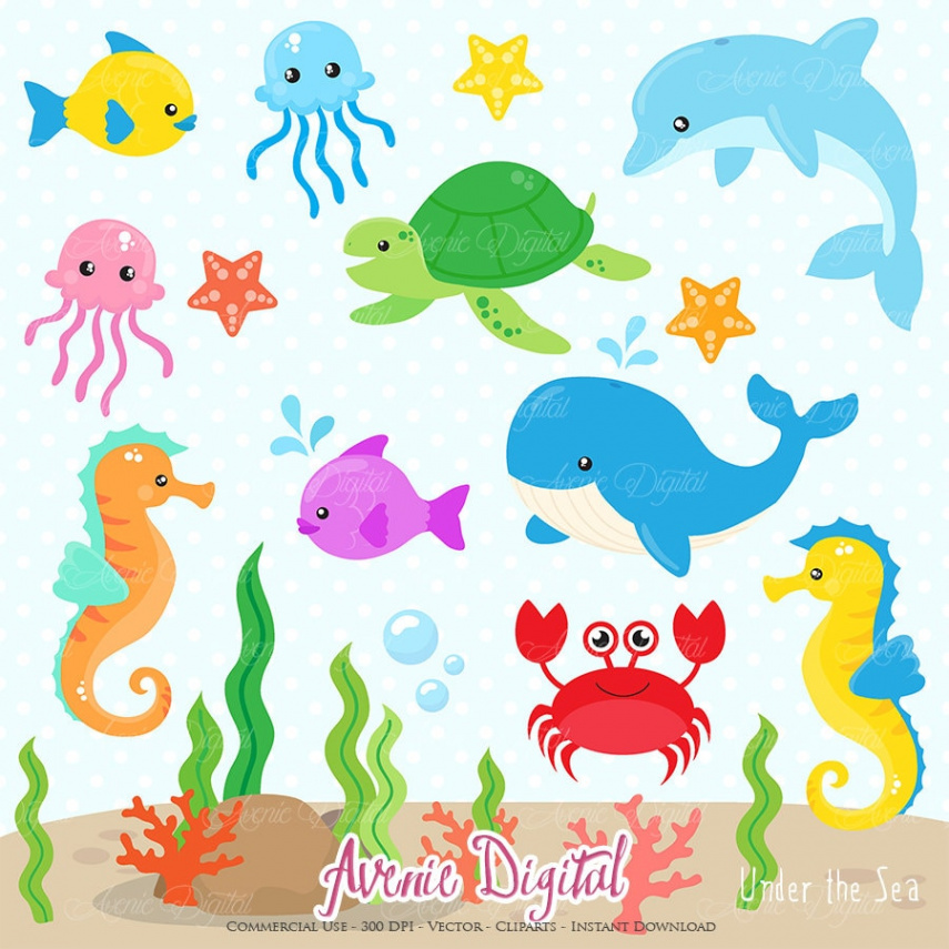 Under the Sea Clipart. Scrapbook printable Cute Sea animals Clip Art png  for Commercial Use