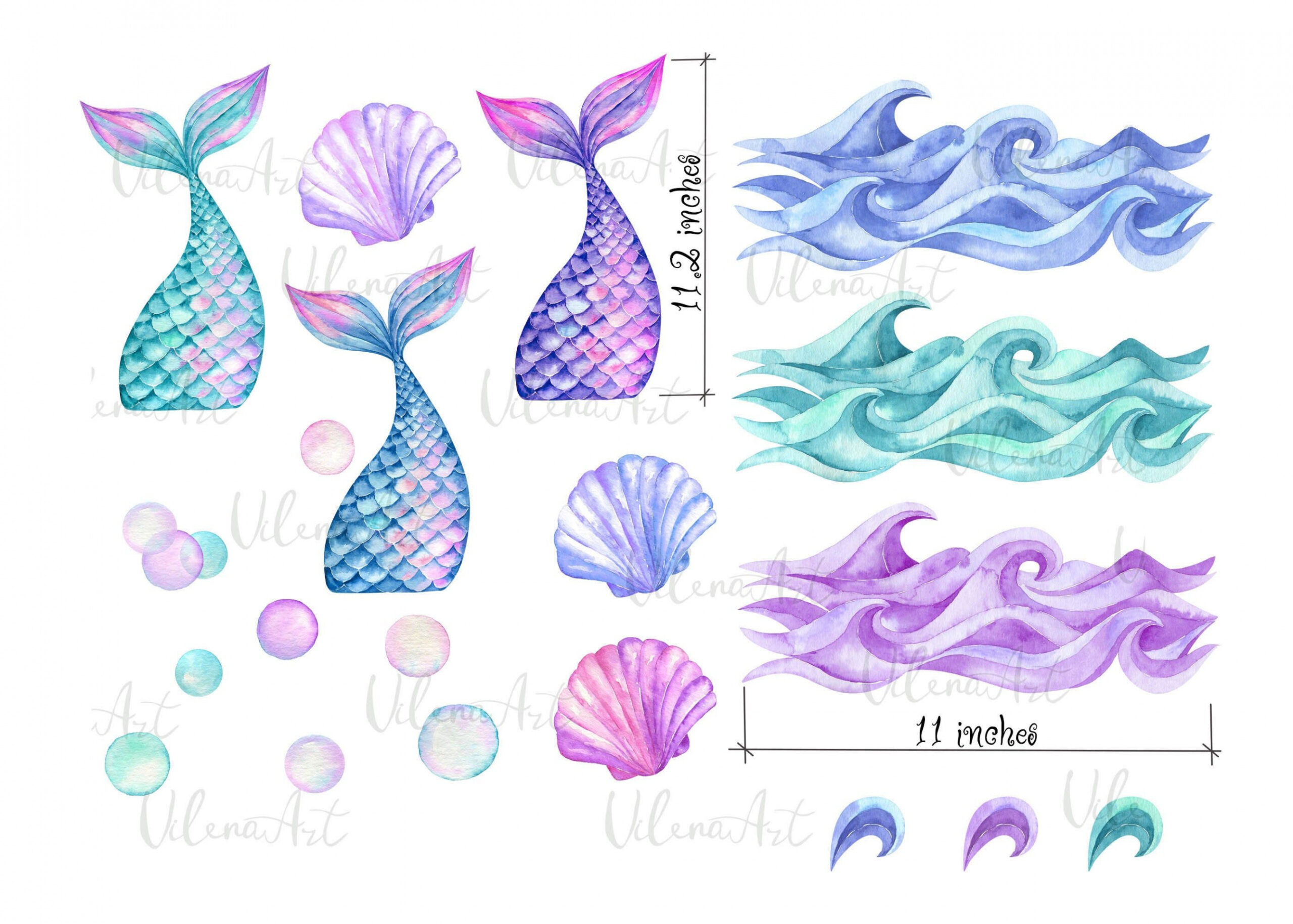 Watercolor Mermaid Tails Clipart Shells waves clip art children