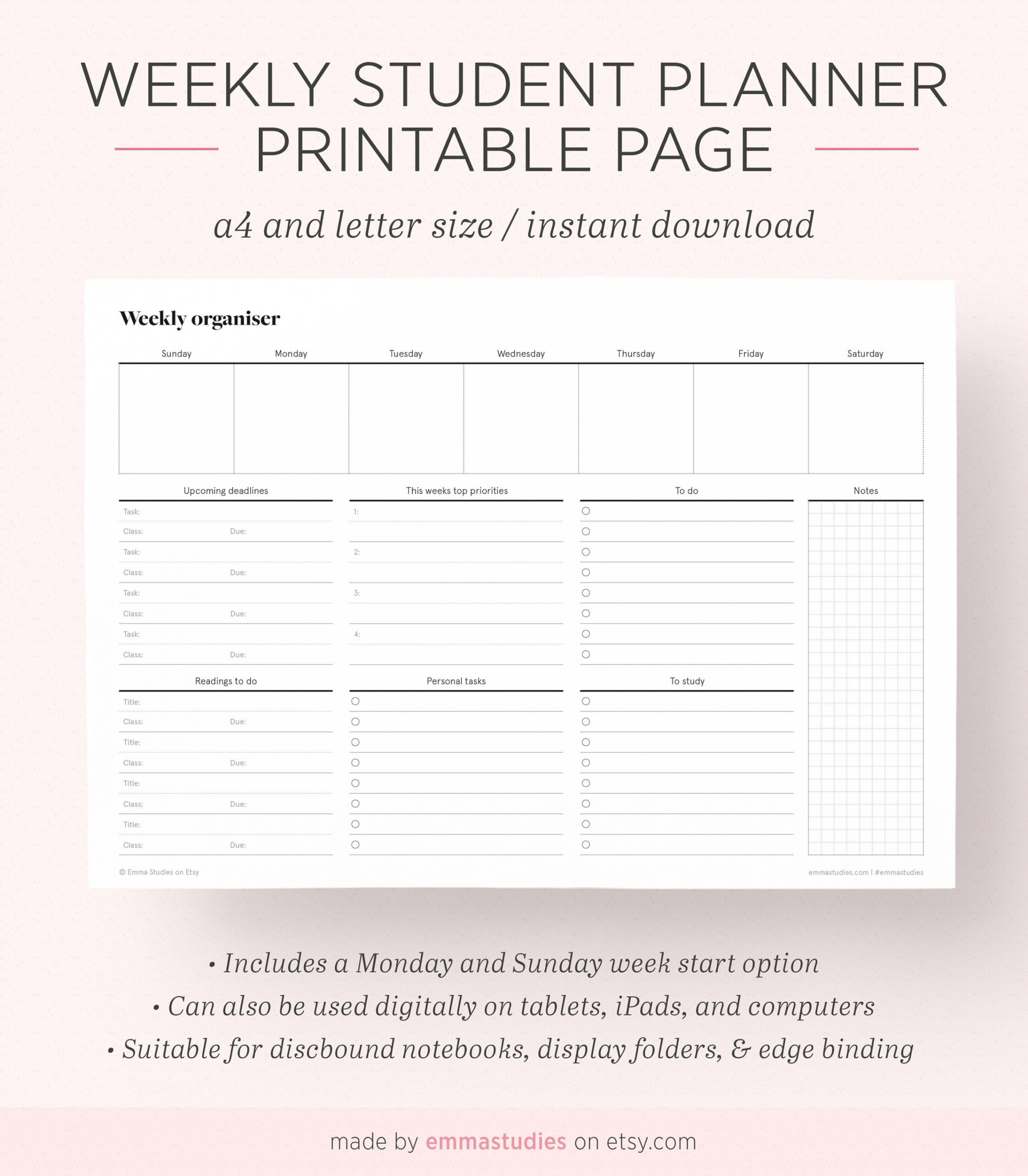 Weekly Student Organizer Printable Planner  College Universität High  School Agenda  Einband  Sofort Download  A und Letter