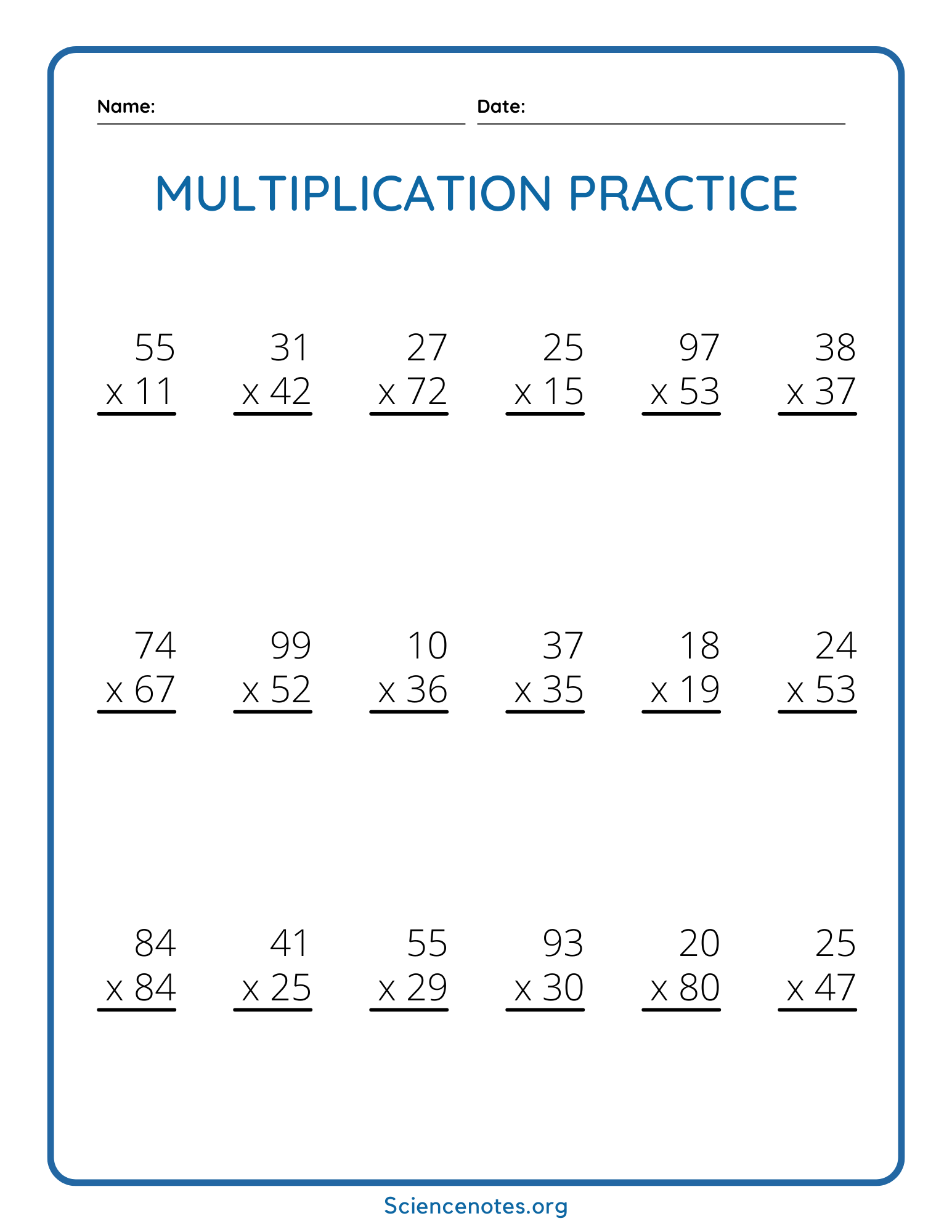 Column Multiplication Worksheets 2 Digit By 1 Digit