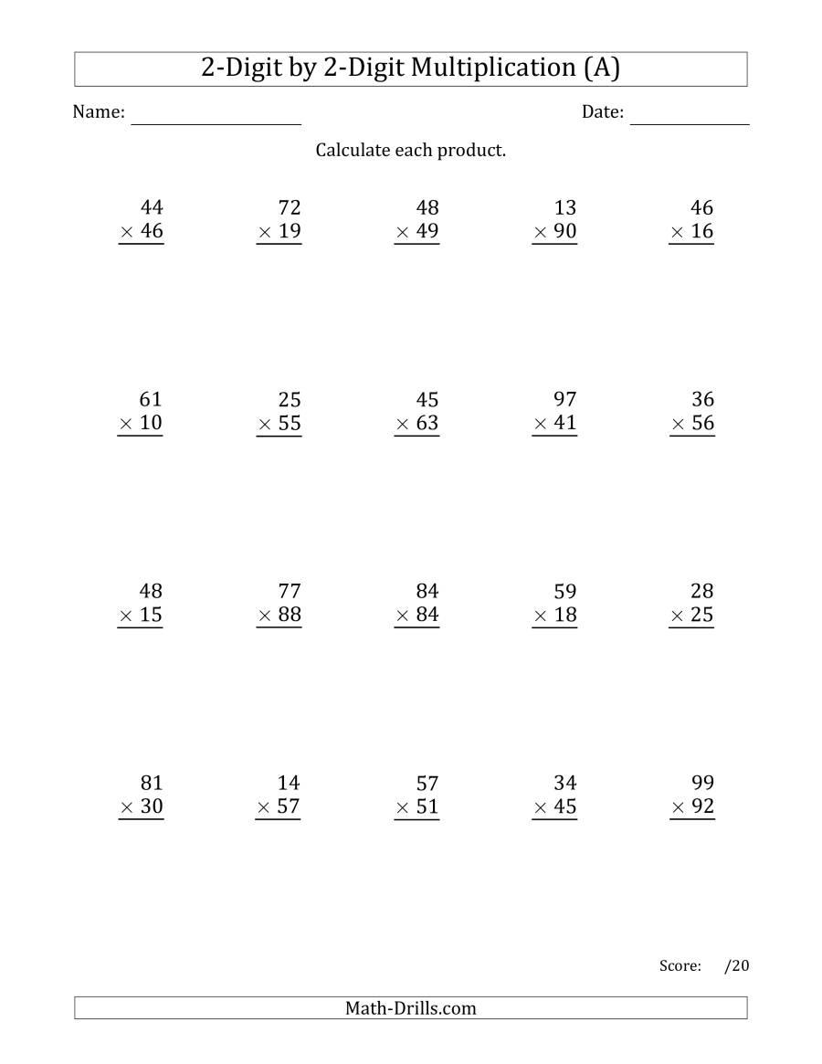 Multiplication Worksheets 2 Digit By 1 Digit