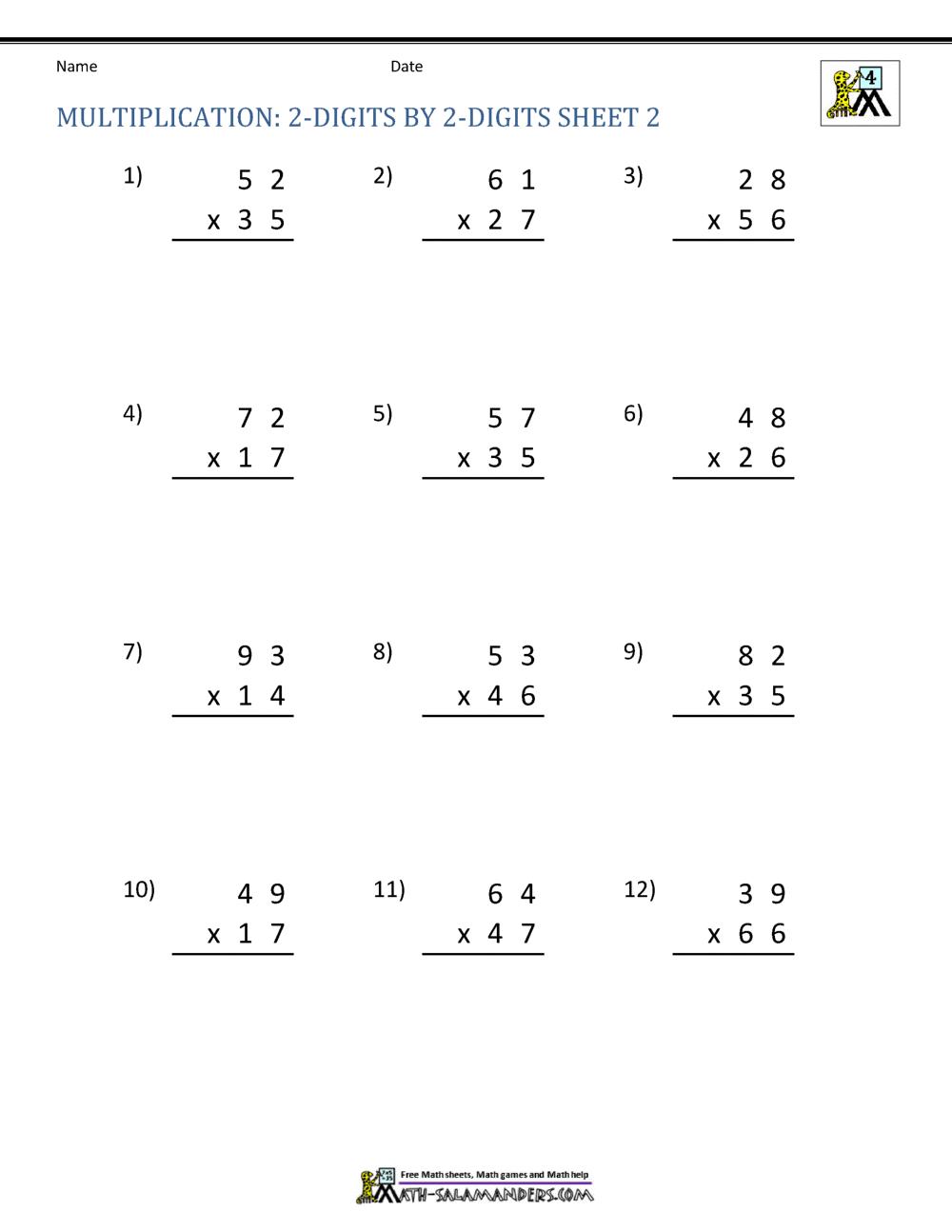 Multiplication Worksheets 2 Digit Even Number