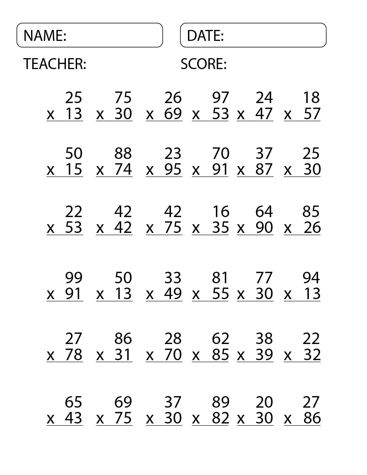 Worksheets For 2 Digit Multiplication