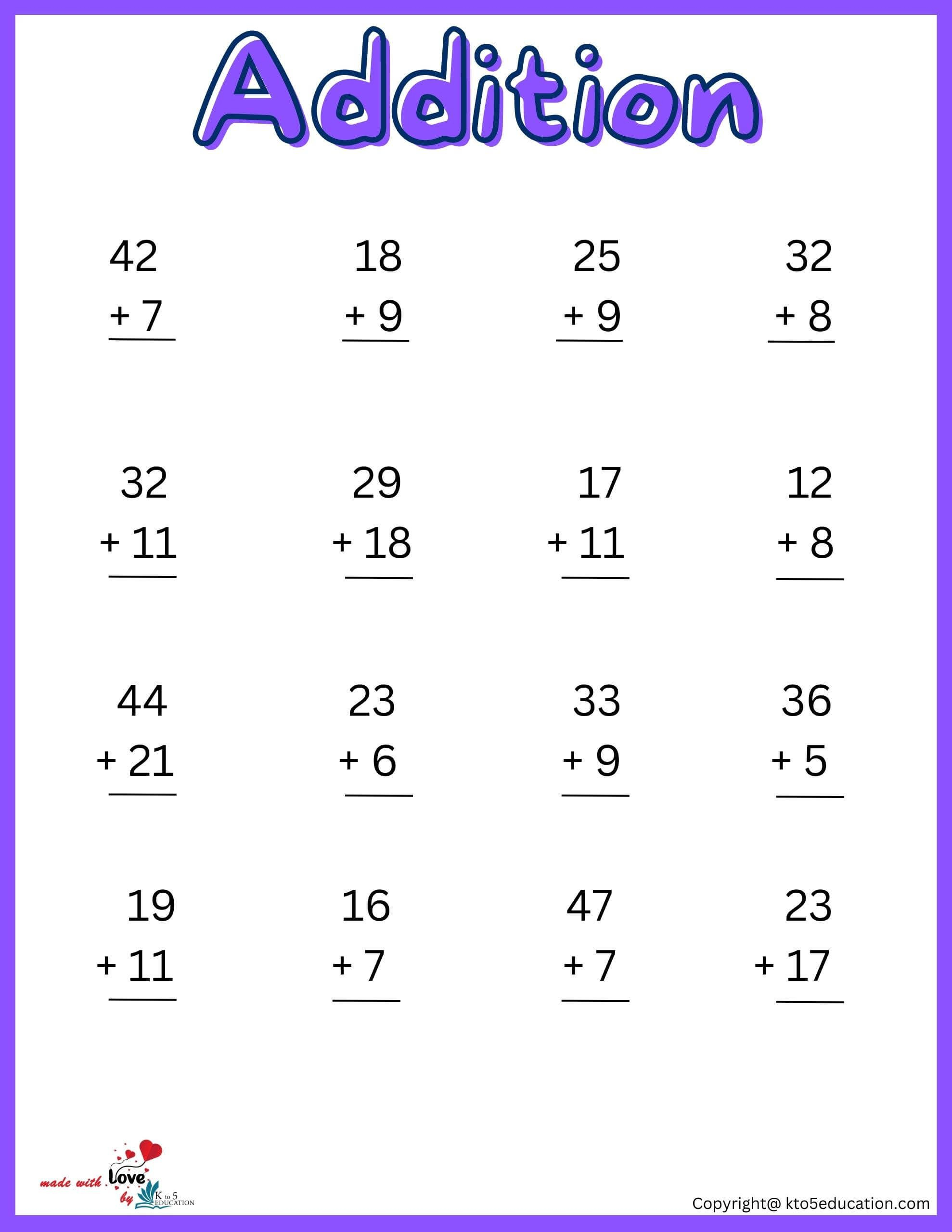 20 Addition For 2Nd Grade Worksheets Pdf