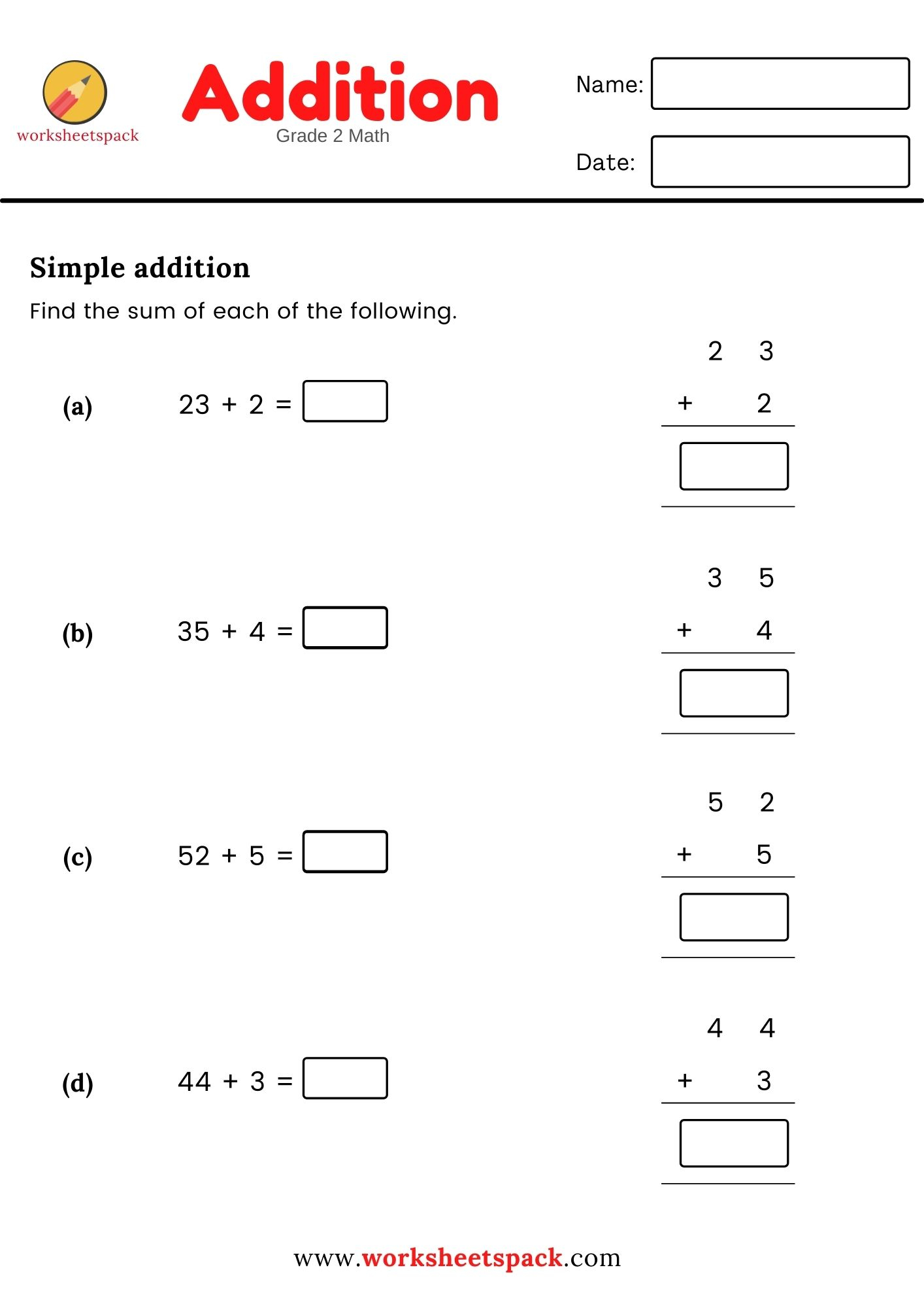 20 Addition For 2Nd Grade Worksheets Pdf