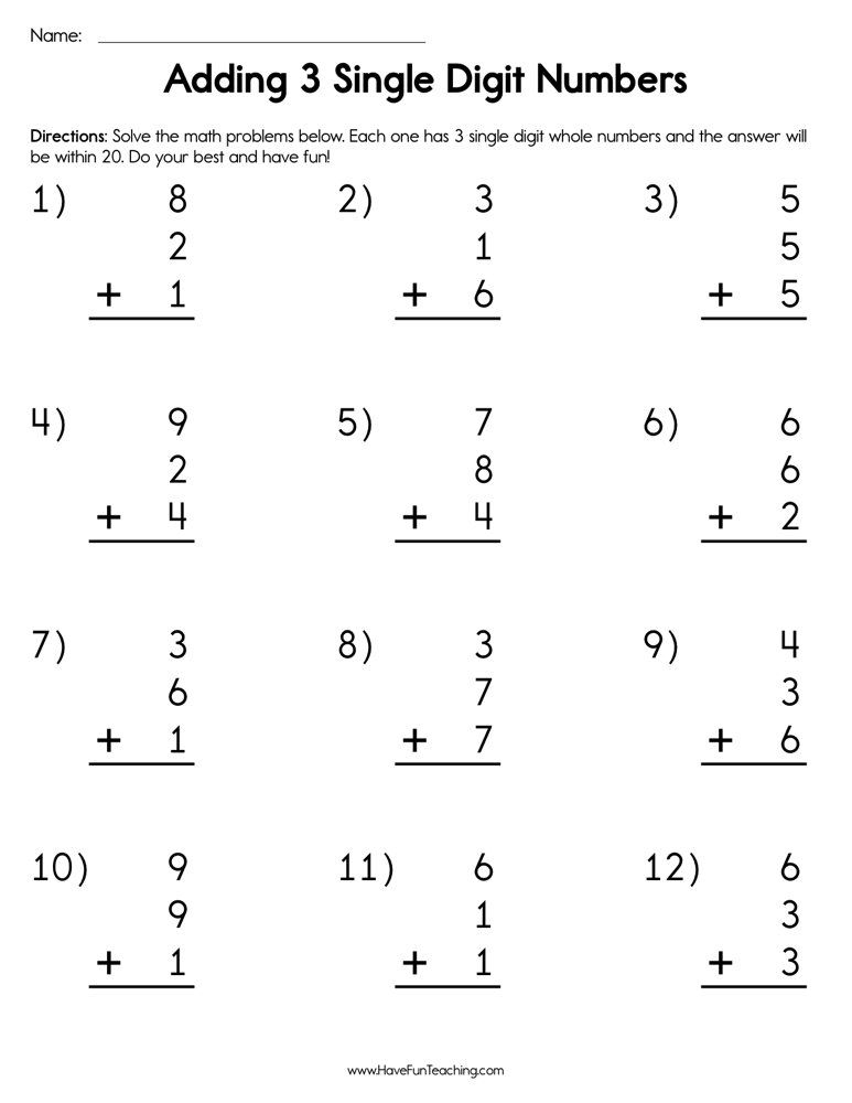 20 Addition Worksheets Grade 1 Three Digit Pdf