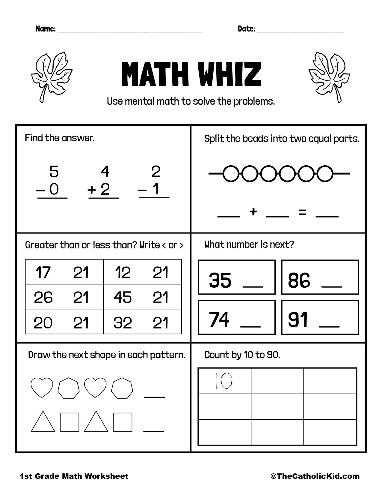 20 Math Worksheets For 1St Grade Free