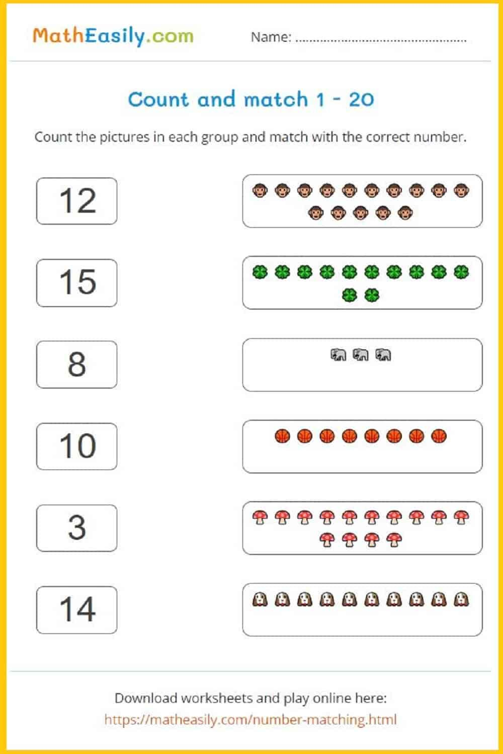 20 Number Matching Worksheets For Kindergarten Pdf