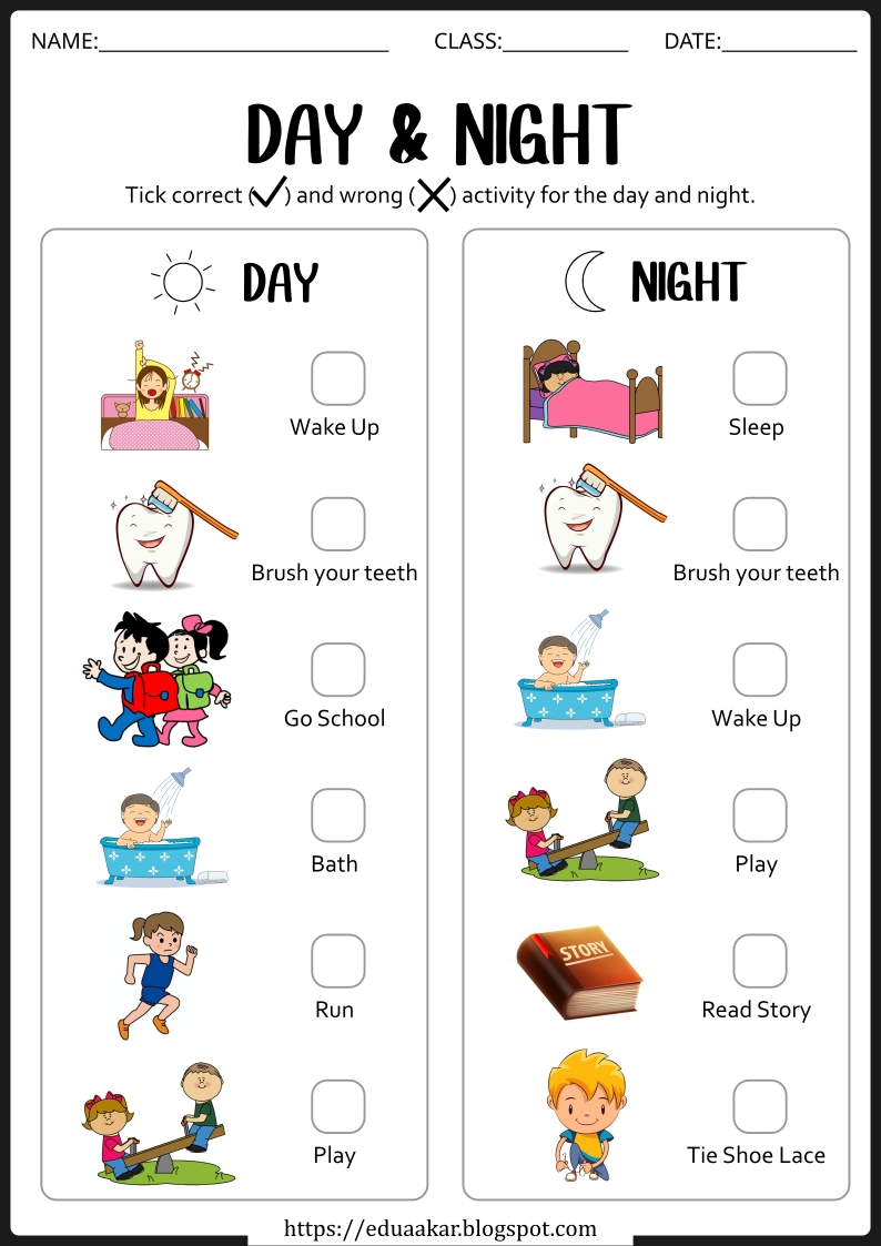 20 Worksheets For Kindergarten Day And Night Free