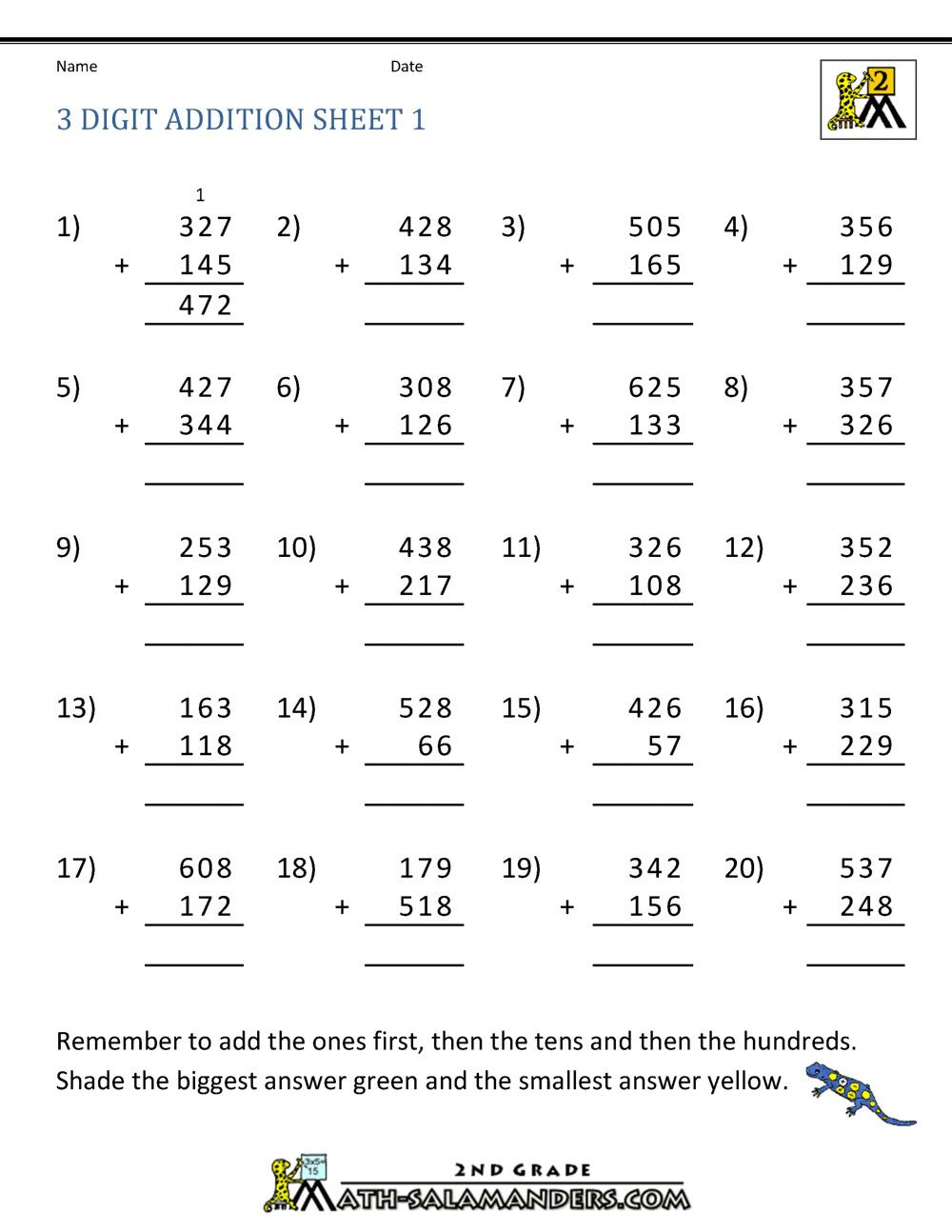 21 Addition Worksheets Grade 1 Three Digit