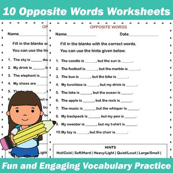 10 Opposite Words Worksheets for K-2 | Fun and Engaging Vocabulary Practice