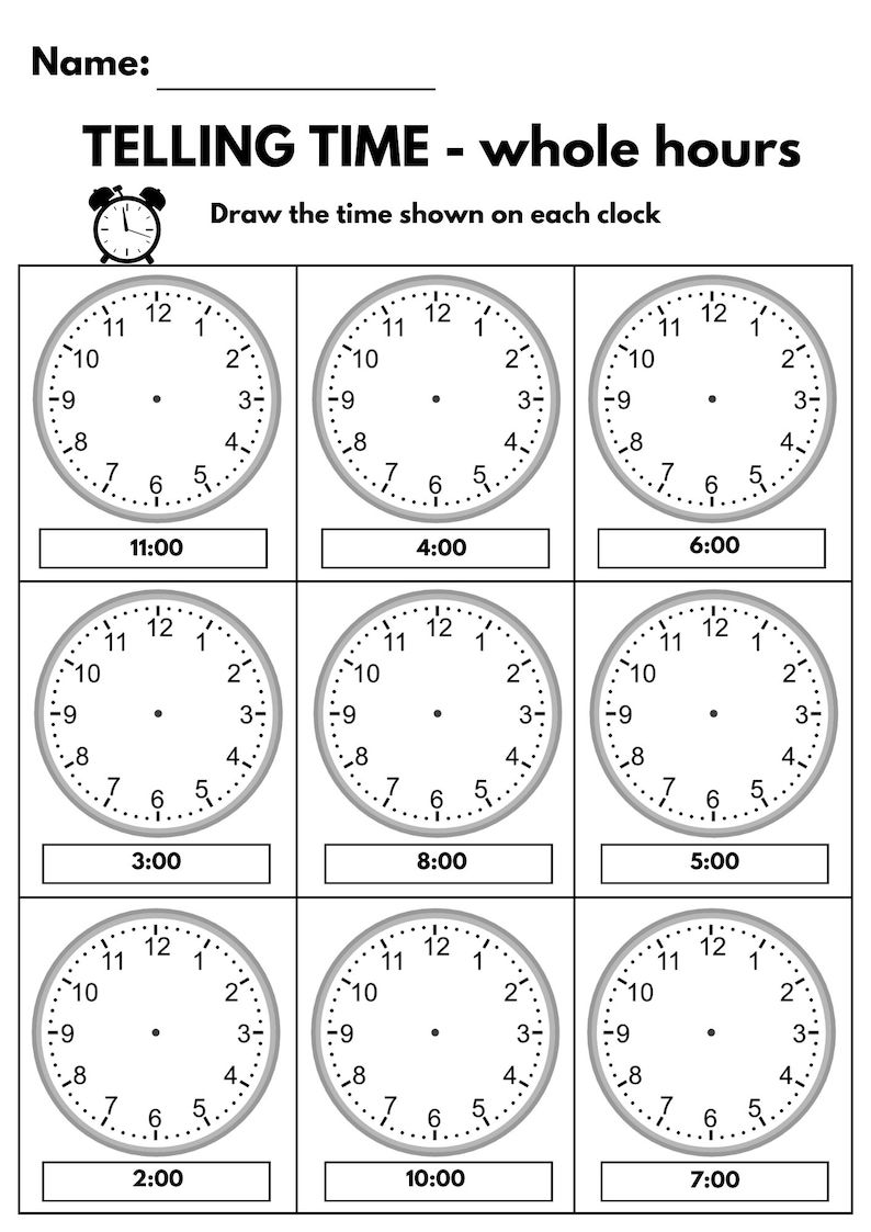 10 Printable Learning to Tell Time Worksheets. Kindergarten-1st Grade-2nd Grade Math. Clock Workshee