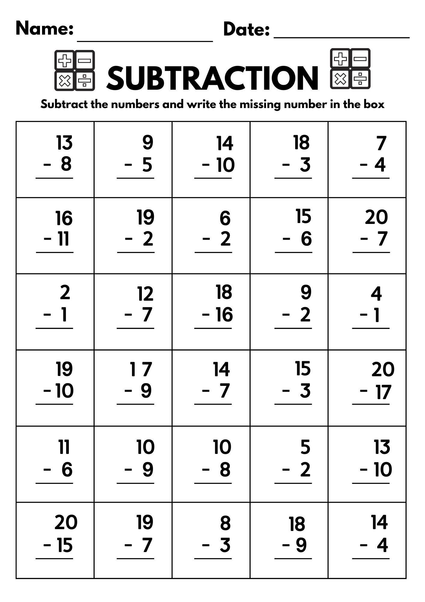 10 Printable Subtraction Fill in the Blanks Worksheets (Numbers 1-20) for Kindergarten-1st Grade-2nd