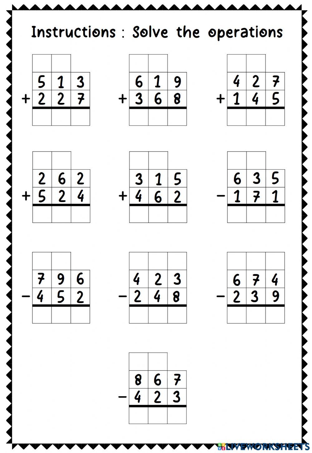 Addition and subtraction 3 digit worksheet