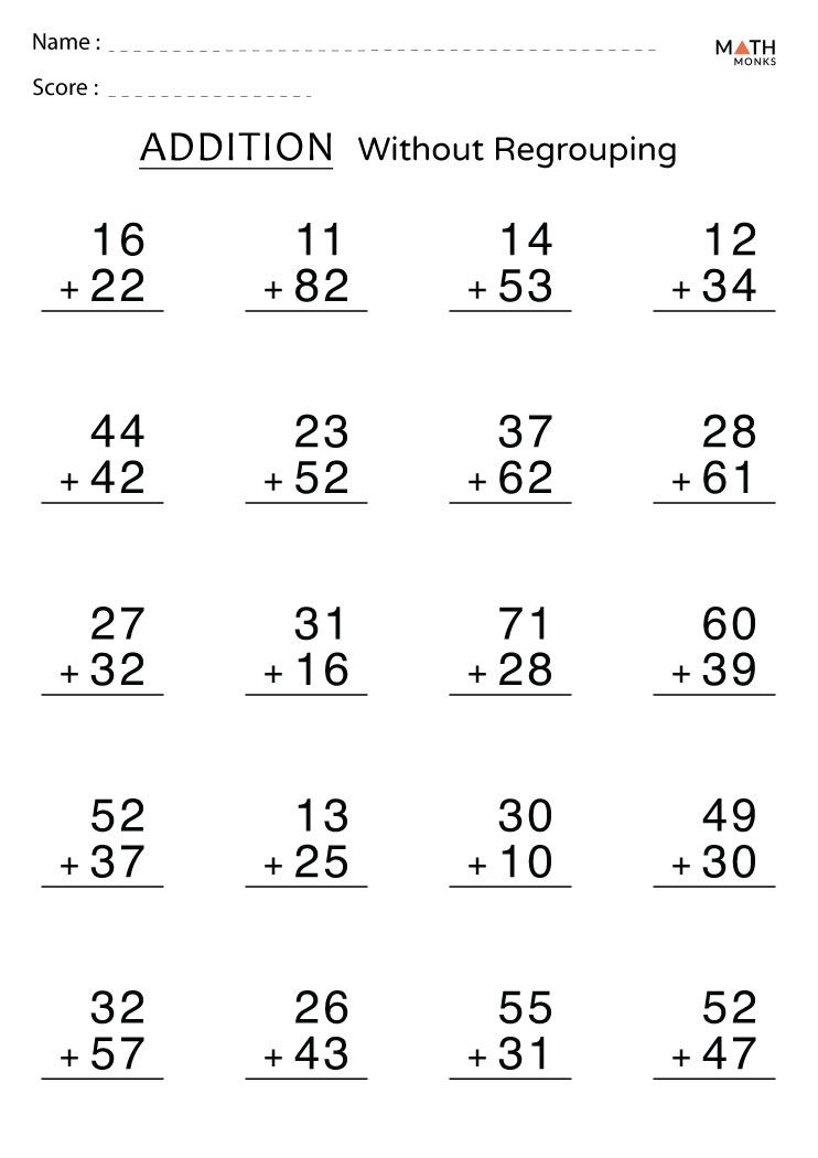 Addition Without Regrouping Worksheets with Answer Key