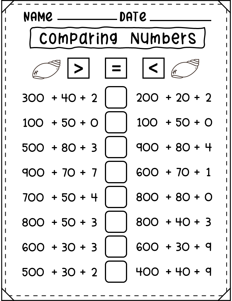 Comparing 3 Digit Numbers Worksheets