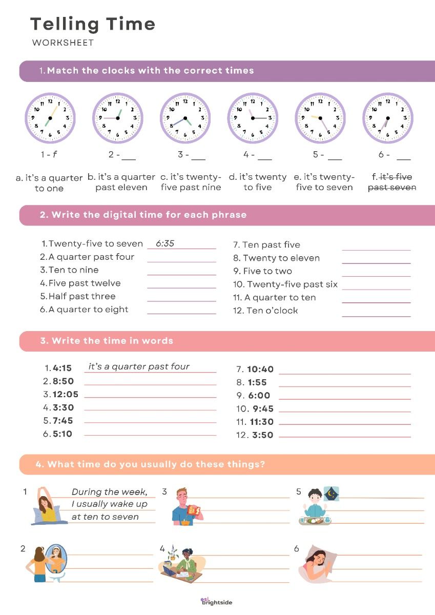 ESL Telling Time - Worksheet | Practice Exercises