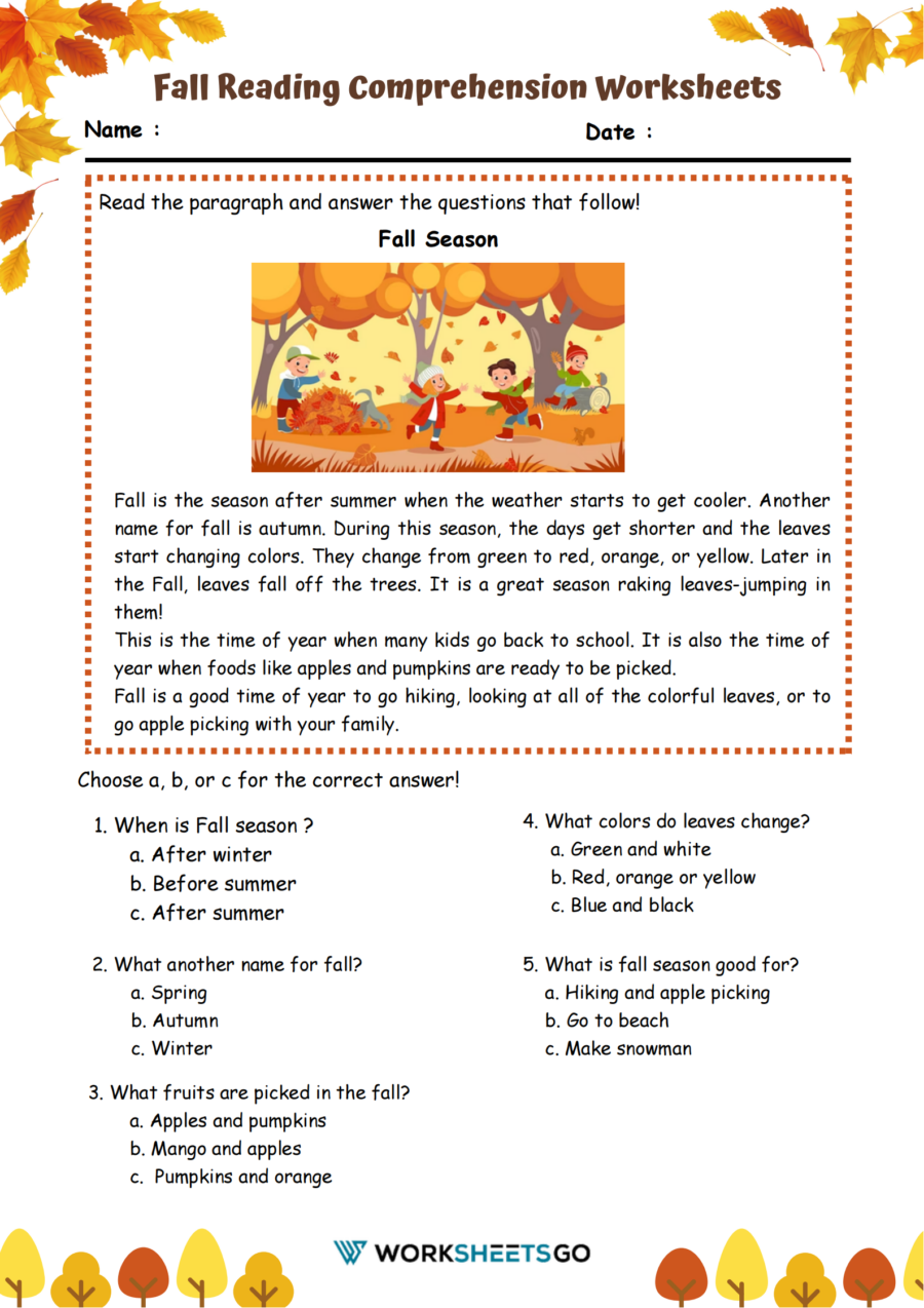 Fall Reading Comprehension Worksheets