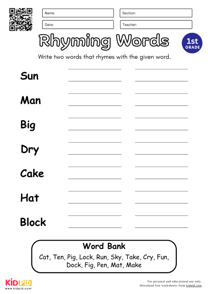 Find the Rhyming Words Worksheet for Grade 1